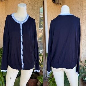 Croft & Barrow Dark Blue Cardigan with Light Blue Trim LARGE